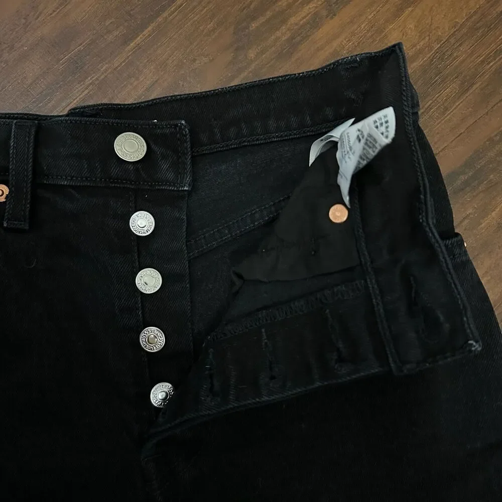 LEVI'S Ribcage Shorts Black Denim High Rise Cut Off Frayed Gothic